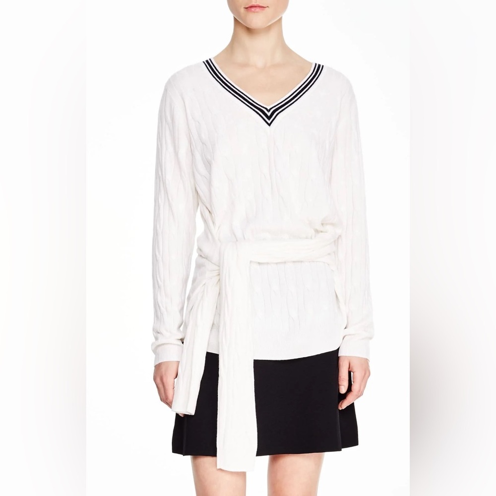 Sandro Emma tie waist wool white cable knit sweater size medium
